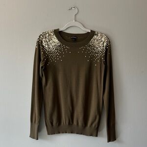 Express Olive Sweater with Gold Sequin Shoulders